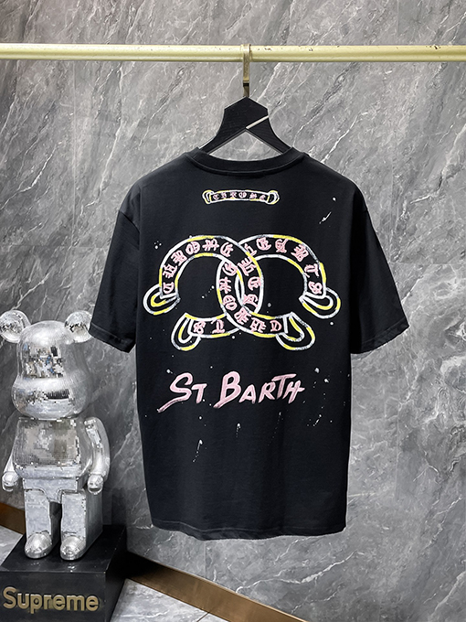 クロムハーツ クラシックなサンスクリットの手描き削り漂白された半袖Tシャツ