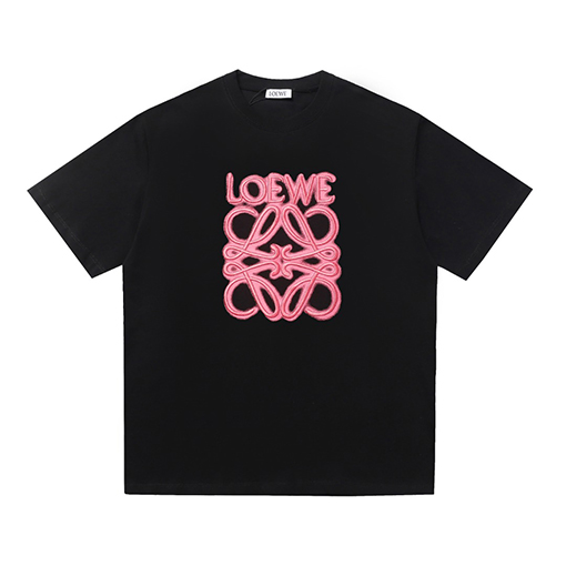 ロエベコピー LOEWE クラシックな蛍光ピンクの刺繍半袖Tシャツ