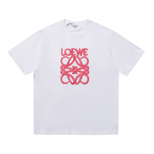 ロエベコピー LOEWE クラシックな蛍光ピンクの刺繍半袖Tシャツ