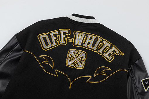 オフホワイト off white カップルけ刺繍ラインストーンパッチワークレザーベースボールジャケット