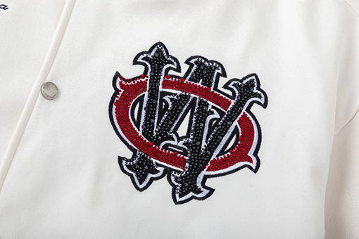 オフホワイト off white 刺繍りレザーパッチワーク高温ホットスタンプクリスタルラインストーンベースボールジャケットカップル向けウールコート