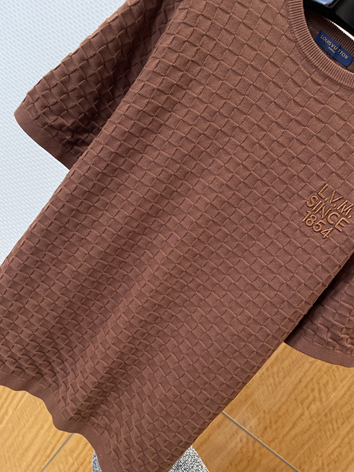 ルイヴィトンコピー LV.M SINCE 1854 刺繍チェック柄ジャカードニット半袖Tシャツ