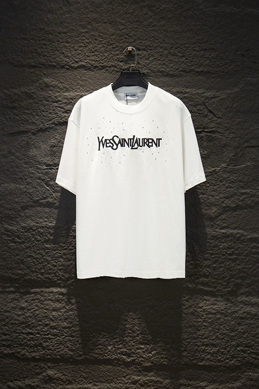 サンローランコピー Saint Laurent ダメージ刺繍ラインストーン半袖Tシャツ