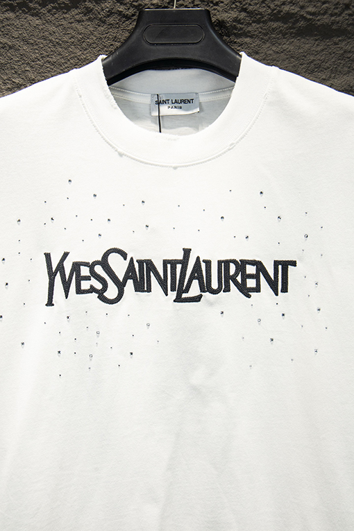 サンローランコピー Saint Laurent ダメージ刺繍ラインストーン半袖Tシャツ