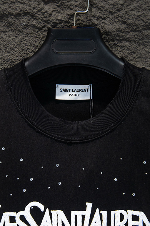 サンローランコピー Saint Laurent ダメージ刺繍ラインストーン半袖Tシャツ