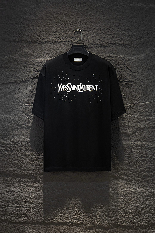 サンローランコピー Saint Laurent ダメージ刺繍ラインストーン半袖Tシャツ