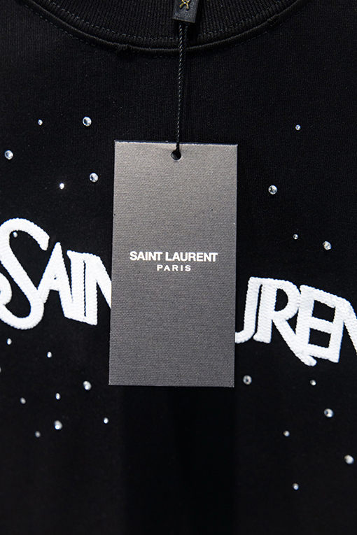 サンローランコピー Saint Laurent ダメージ刺繍ラインストーン半袖Tシャツ
