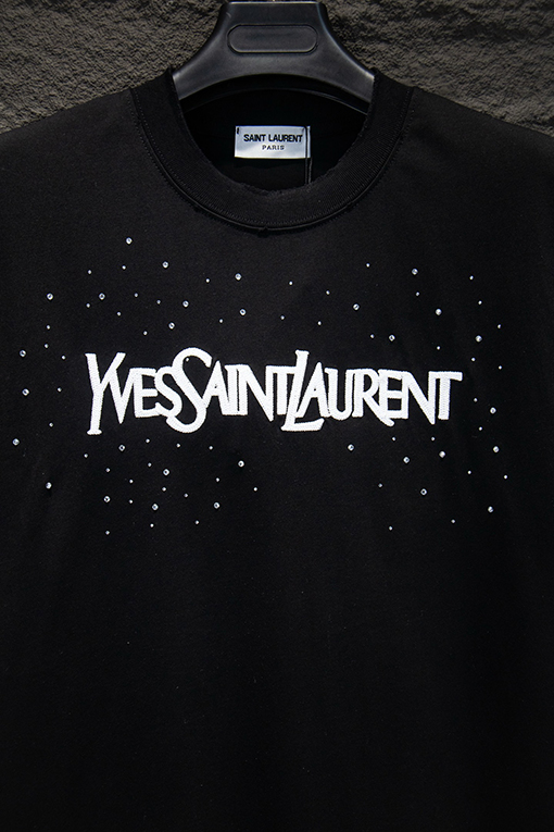 サンローランコピー Saint Laurent ダメージ刺繍ラインストーン半袖Tシャツ