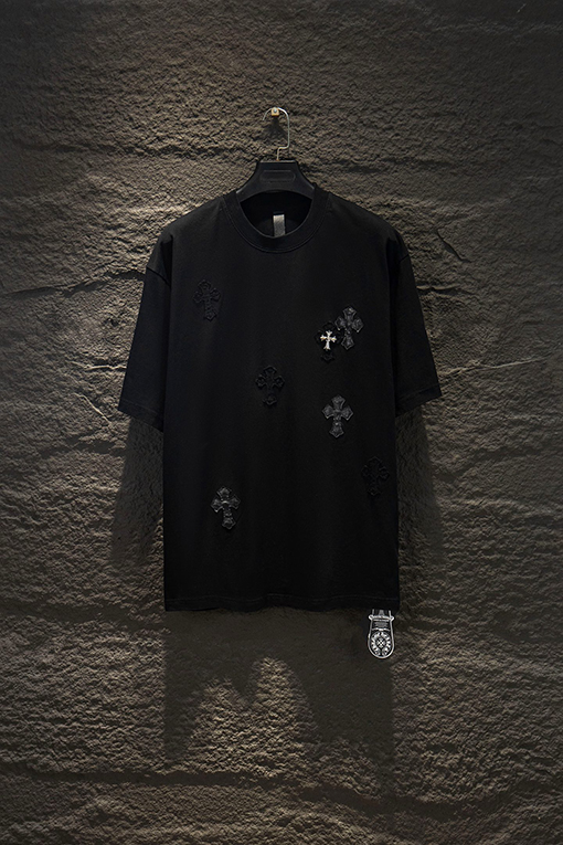 クロムハーツ ヘビーデューティーなダメージパッチ刺繍入りレザーラベル金具き半袖Tシャツ