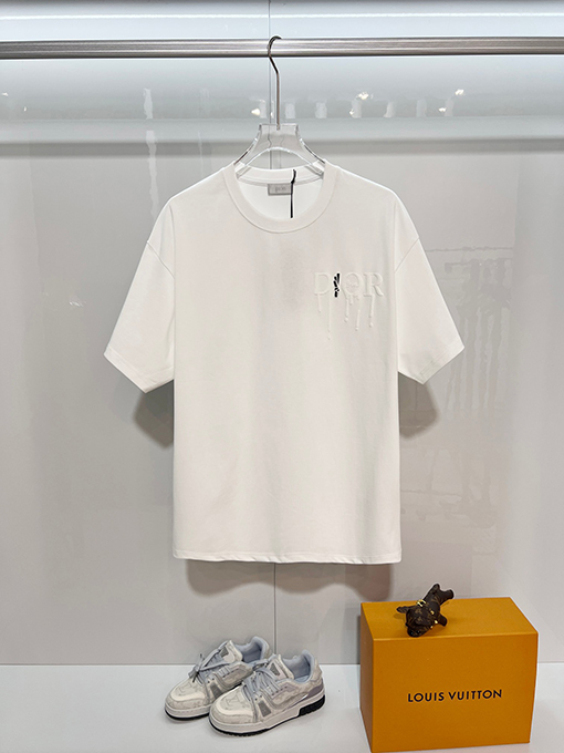 ディオールスーパーコピー DIOR カラーブロックの浮き彫りテクスチャ刺繍レターロゴ半袖Tシャツ
