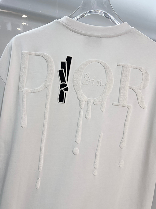 ディオールスーパーコピー DIOR カラーブロックの浮き彫りテクスチャ刺繍レターロゴ半袖Tシャツ