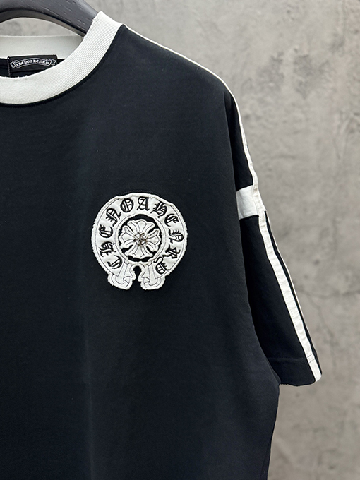 クロムハーツコピー アメリカンスタイルのツートンカラーのアップリケ刺繍りカップル半袖Tシャツ