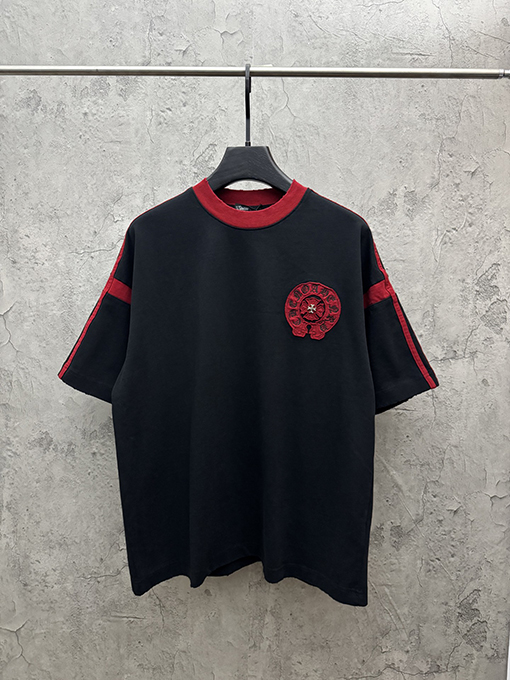 クロムハーツコピー アメリカンスタイルのツートンカラーのアップリケ刺繍りカップル半袖Tシャツ
