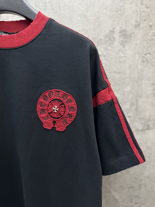 クロムハーツコピー アメリカンスタイルのツートンカラーのアップリケ刺繍りカップル半袖Tシャツ