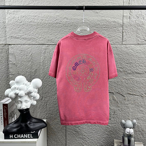 クロムハーツ 重工業なダメージヴィンテージスタイル立体なカラーホットフィックスラインストーン付き半袖Tシャツ