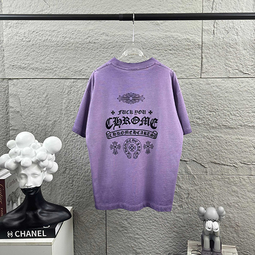 クロムハーツ 新モデルスタイルダメージヴィンテージ風フロッキーラインストーン付き半袖Tシャツ
