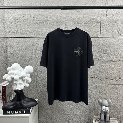 クロムハーツコピー 新モデルスタイルダメージウォッシュヴィンテージ風ラインストーン装飾の半袖Tシャツ
