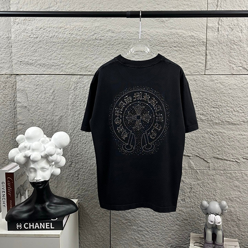 クロムハーツコピー 新モデルスタイルダメージウォッシュヴィンテージ風ラインストーン装飾の半袖Tシャツ