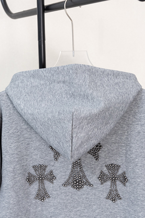 クロムハーツ パールがあしらわれた十字架の刺繍りフード付きジップアップスウェットシャツ