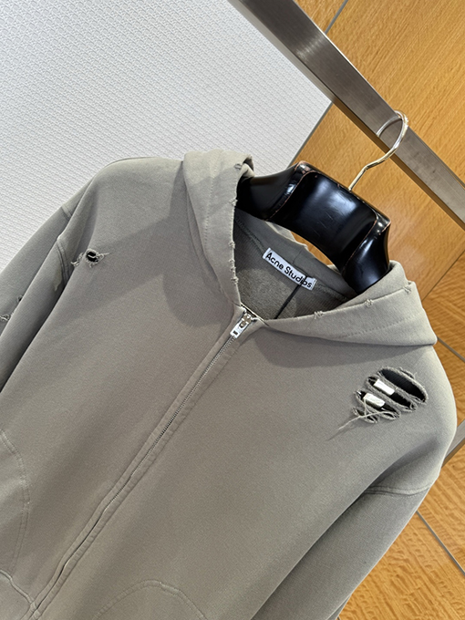 アクネストゥディオズスーパーコピー Acne Studios ダメージプリントの破れたフード付きジップアップスウェットジャケット