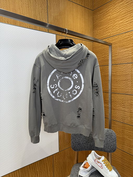 アクネストゥディオズスーパーコピー Acne Studios ダメージプリントの破れたフード付きジップアップスウェットジャケット