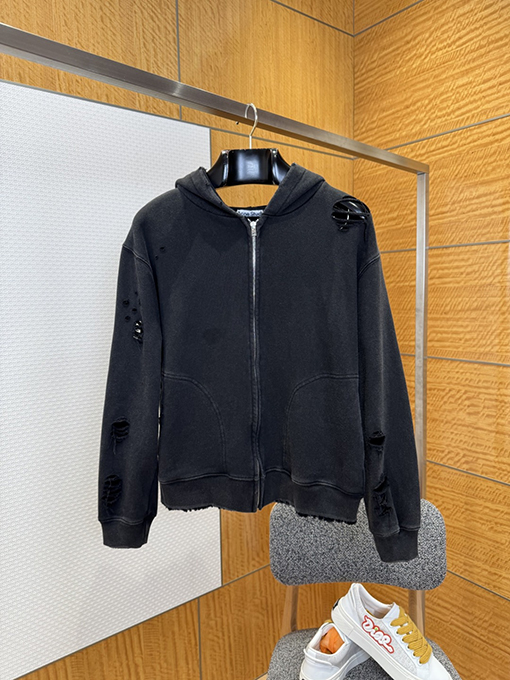 アクネストゥディオズスーパーコピー Acne Studios ダメージプリントの破れたフード付きジップアップスウェットジャケット