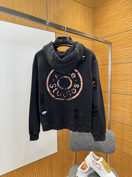 アクネストゥディオズスーパーコピー Acne Studios ダメージプリントの破れたフード付きジップアップスウェットジャケット