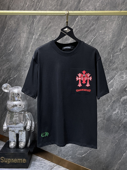 クロムハーツ ホースシュークロスの手作りアップリケ刺繍入り半袖Tシャツ