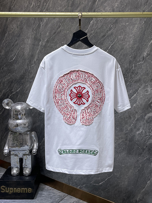 クロムハーツ ホースシュークロスの手作りアップリケ刺繍入り半袖Tシャツ