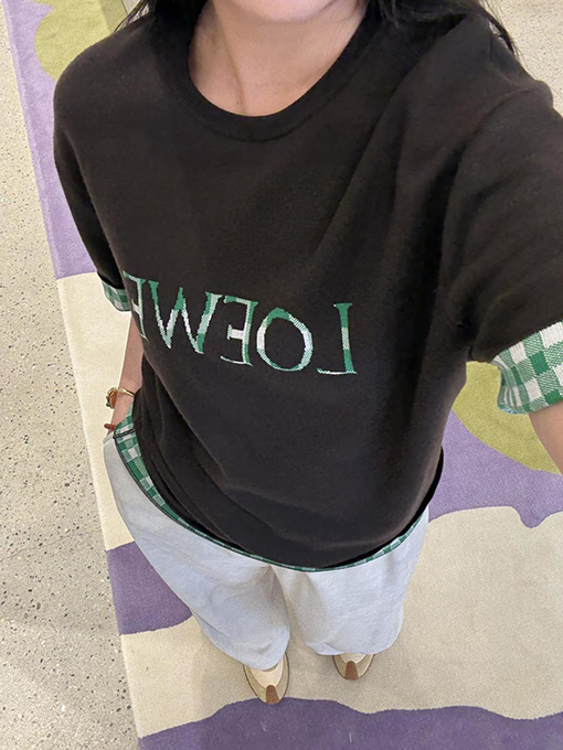 ロエベコピー LOEWE インナーグリッドロールアップスリーブニット半袖Tシャツ