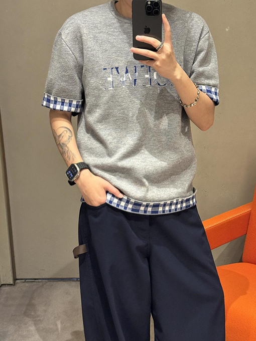 ロエベコピー LOEWE インナーグリッドロールアップスリーブニット半袖Tシャツ