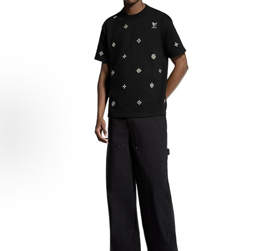 ルイヴィトンコピー LV 花柄ラインストーン付きクルーネック半袖Tシャツ