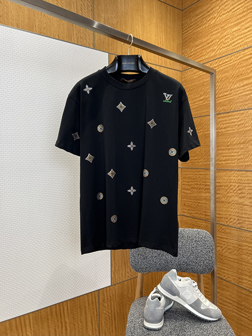 ルイヴィトンコピー LV 花柄ラインストーン付きクルーネック半袖Tシャツ