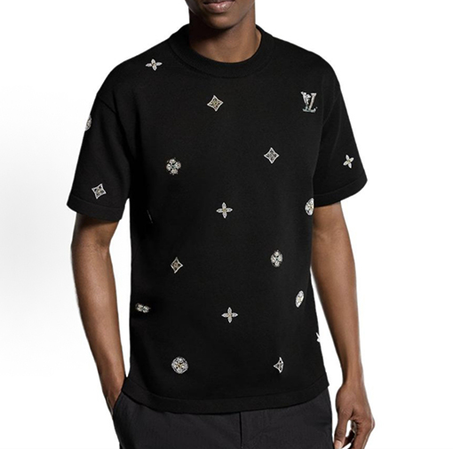 ルイヴィトンコピー LV 花柄ラインストーン付きクルーネック半袖Tシャツ