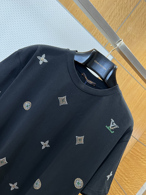 ルイヴィトンコピー LV 花柄ラインストーン付きクルーネック半袖Tシャツ