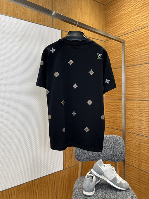 ルイヴィトンコピー LV 花柄ラインストーン付きクルーネック半袖Tシャツ