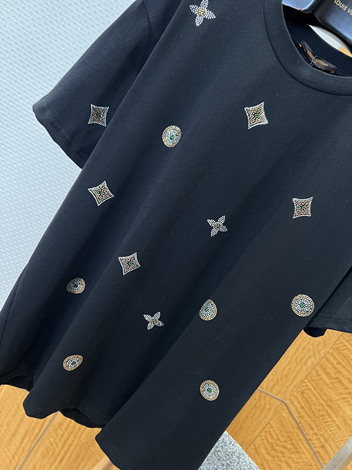 ルイヴィトンコピー LV 花柄ラインストーン付きクルーネック半袖Tシャツ