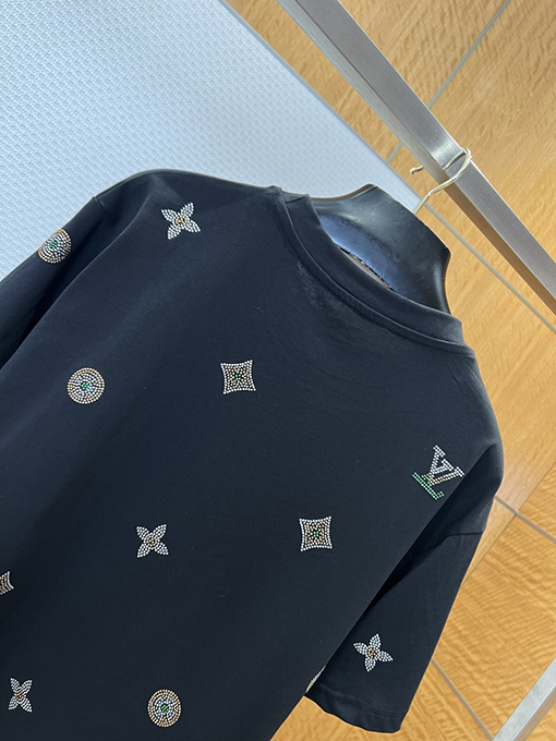ルイヴィトンコピー LV 花柄ラインストーン付きクルーネック半袖Tシャツ