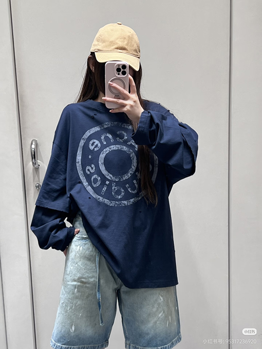 アクネストゥディオズコピー Acne Studios ボタンロゴプリントのフェイクツーピース長袖シャツ