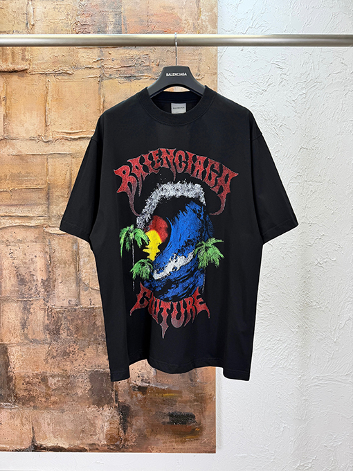 バレンシアガコピー BALENCIAGA クラシックな波のひび割れプリント半袖Tシャツ