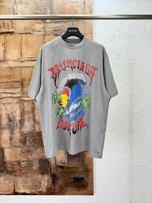 バレンシアガコピー BALENCIAGA クラシックな波のひび割れプリント半袖Tシャツ