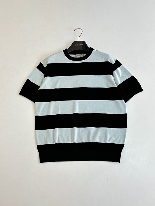 ディオール ストライプの文字ロゴ刺繍りニット半袖Tシャツ