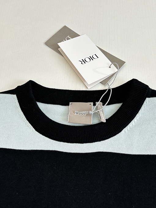 ディオール ストライプの文字ロゴ刺繍りニット半袖Tシャツ