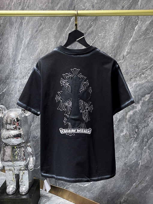 クロムハーツ クラシックなクロスパッチワークレザーのスプレーペイント半袖Tシャツ