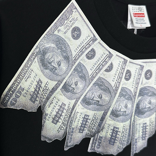 シュプリームコピー X マルタンマルジェラスーパーコピー MONEY S/S TOP コラボレーションによるゴールドフェザープリント半袖Tシャツ