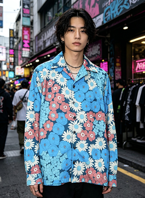 プラダ 花柄プリントの襟付き長袖シャツ