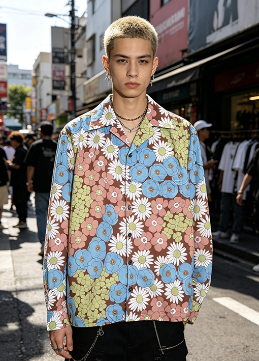 プラダ 花柄プリントの襟付き長袖シャツ