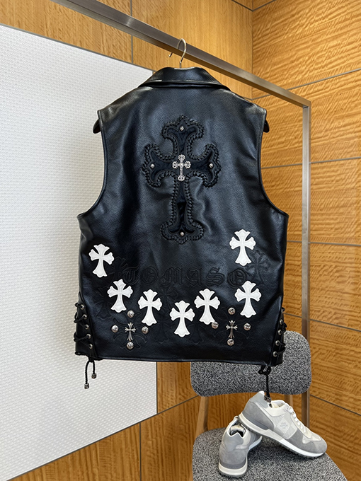 クロムハーツ 頑な金属クロスレザータグ付きモーターサイクルベストレザージャケット
