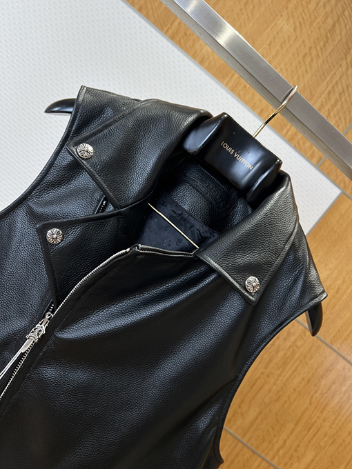 クロムハーツ 頑な金属クロスレザータグ付きモーターサイクルベストレザージャケット