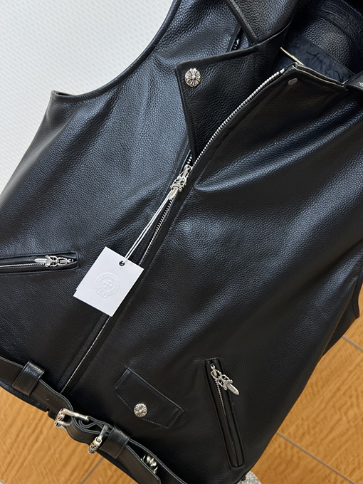 クロムハーツ 頑な金属クロスレザータグ付きモーターサイクルベストレザージャケット